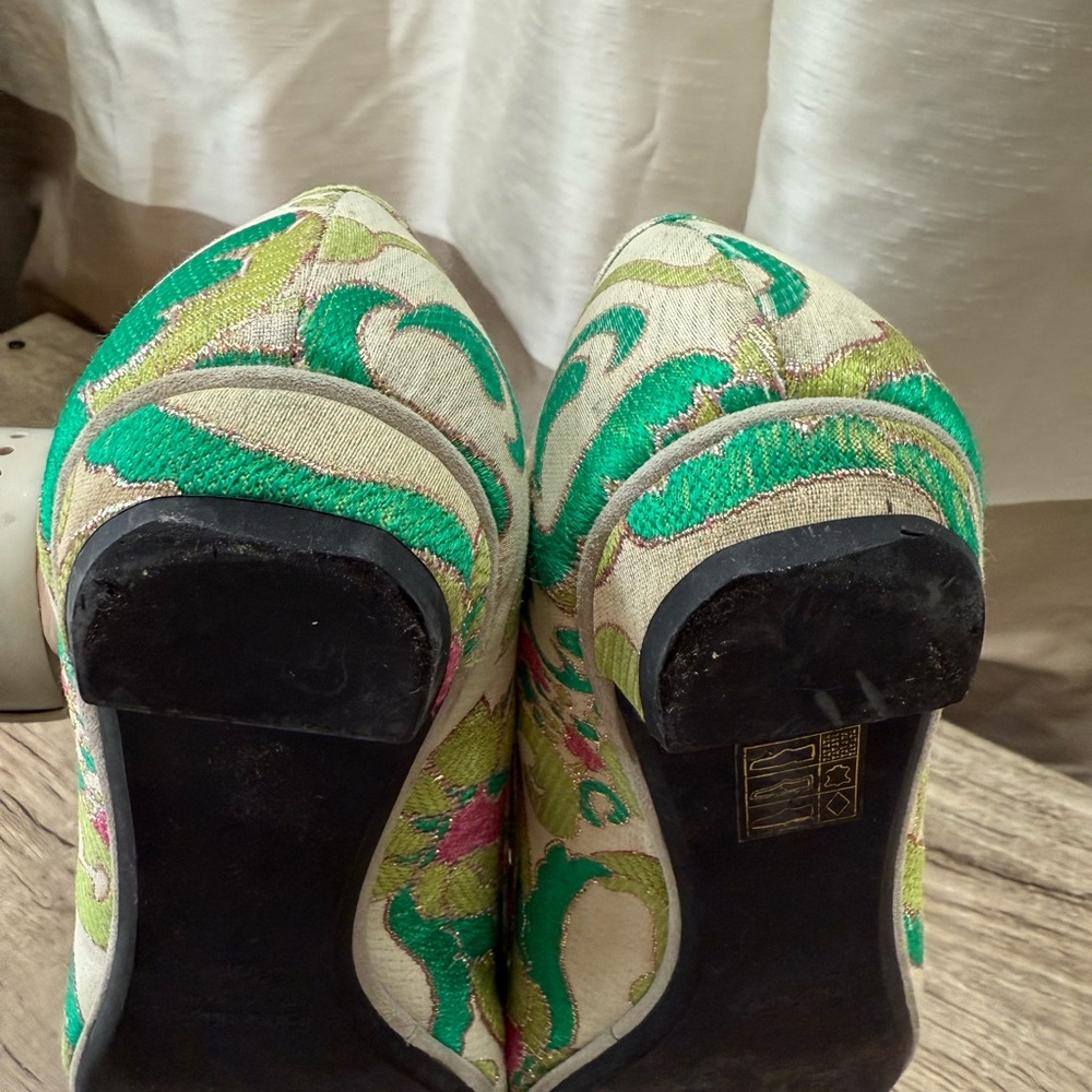 Vtg Prada SS2003 Green‎ Brocade Flat Shoes 37.5 - Picture 9 of 11